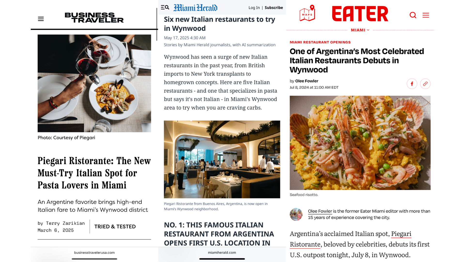 Piegari Ristorante press coverage in Business Traveler, Miami Herald, and Eater Miami