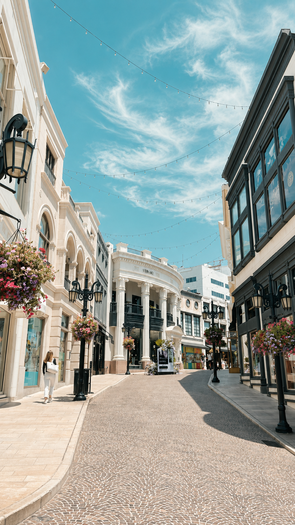 Luxury retail promenade with designer storefronts, flower baskets, and string lights under a bright blue sky