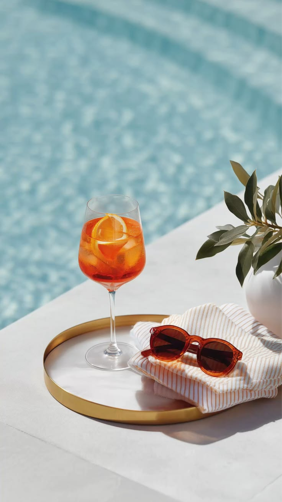 Aperol spritz and sunglasses on a gold tray beside a sunlit pool