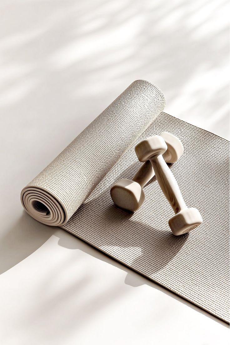 Neutral toned yoga mat and wooden dumbbells in a bright Fayetteville wellness studio reflecting boutique branding.